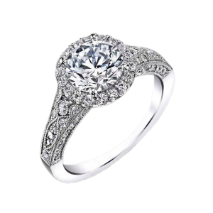 El anillo de compromiso MONTECARLO es un solitario de diamantes orlado engastado en garra y grano realizado en oro de Primera Ley.