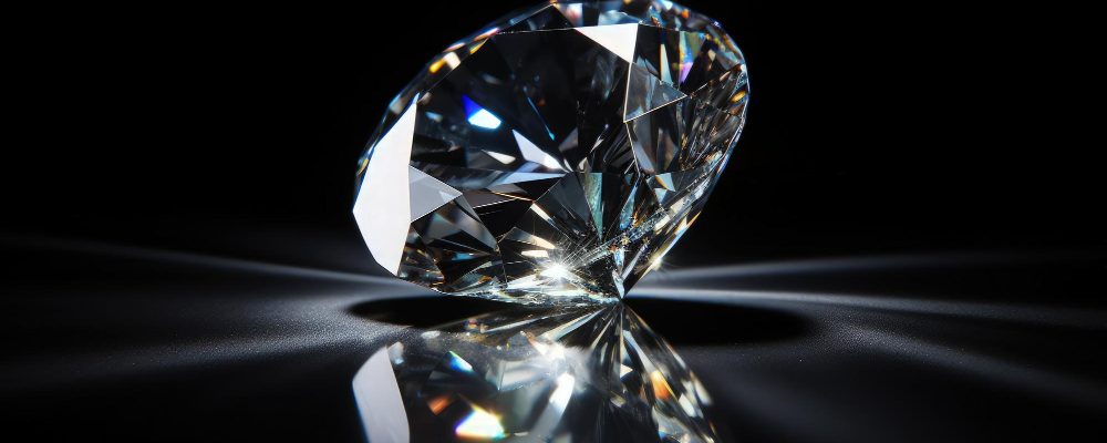 Un diamante de talla brillante deslumbra con su resplandor, reflejando luz sobre una superficie oscura, ejemplificando la belleza y complejidad en la formación de estas gemas preciosas.