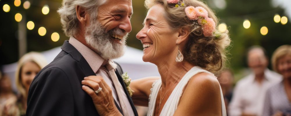 Pareja feliz de mediana edad celebrando su boda de plata, sonriendo con amor, rodeados de familia y amigos, al aire libre y con luces festivas.