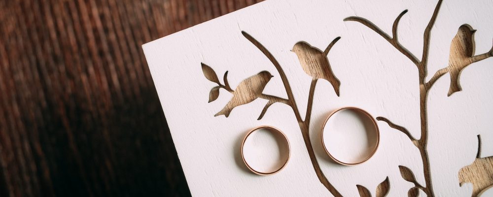Dos anillos de boda sobre una caja decorada con un diseño de aves y ramas.